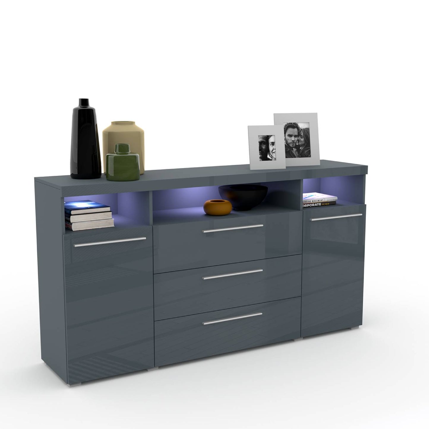 INDIA - Chest of drawers with 2 doors and 3 shelves / grey/gray gloss 