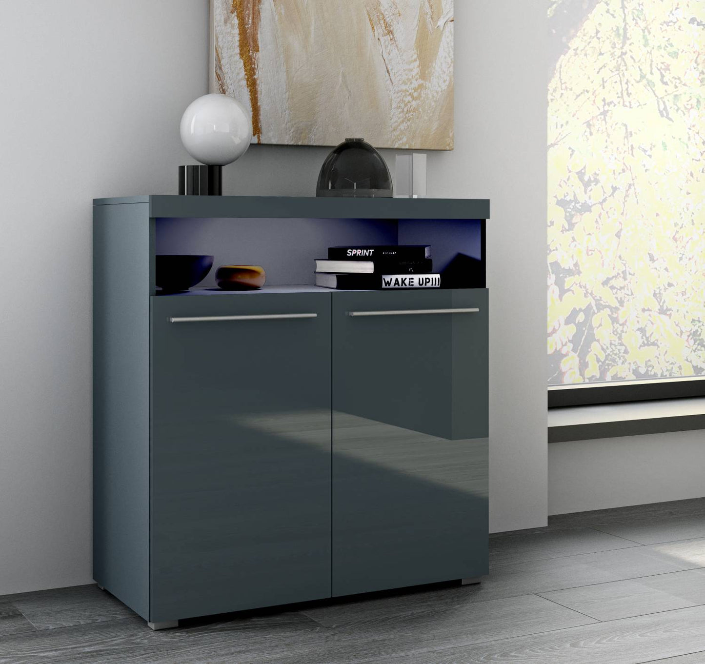 INDIA - Dresser with 2 doors / grey/gray gloss 