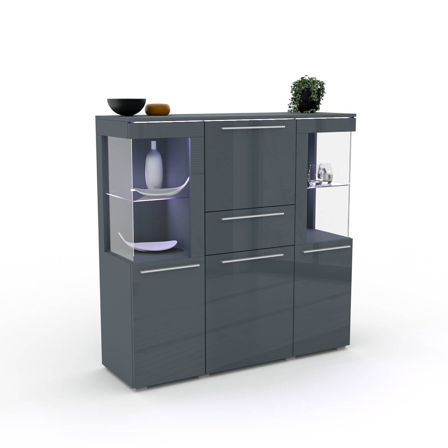 INDIA - Showcase with 3 doors (2x glass) and 1 shelf / gray/gray gloss 