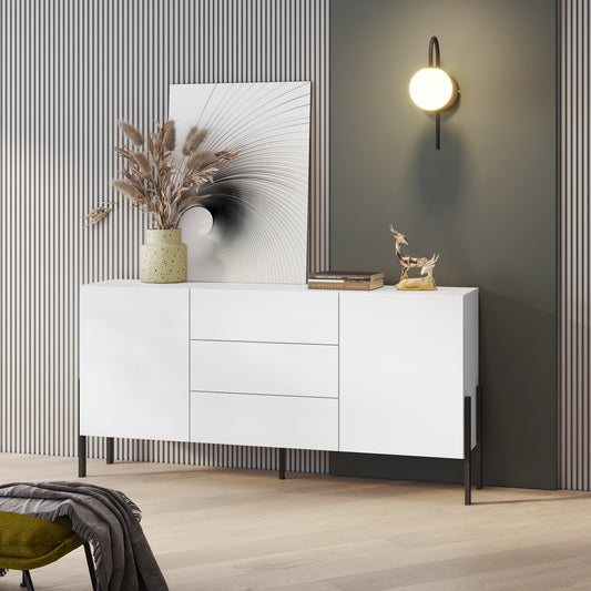 JUKON Chest of Drawers with 2 Doors and 3 Drawers, 180 cm, White Matt Color 