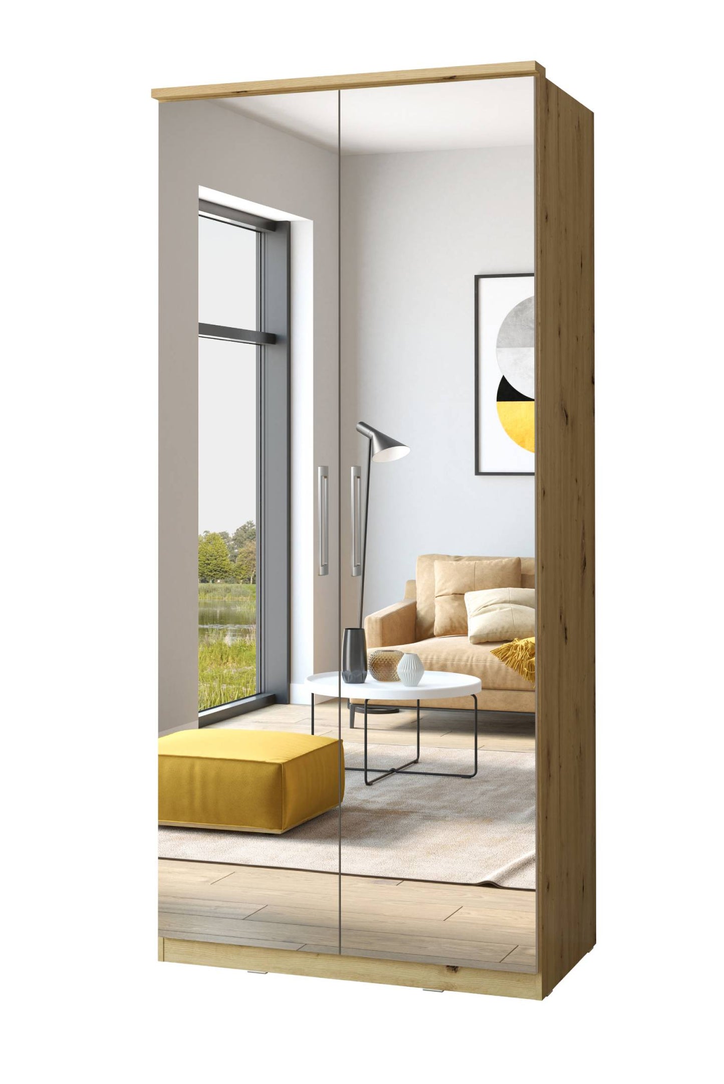 OPTIMA - Cabinet with 2 doors/mirror/light oak/white glossy 90x217x63 