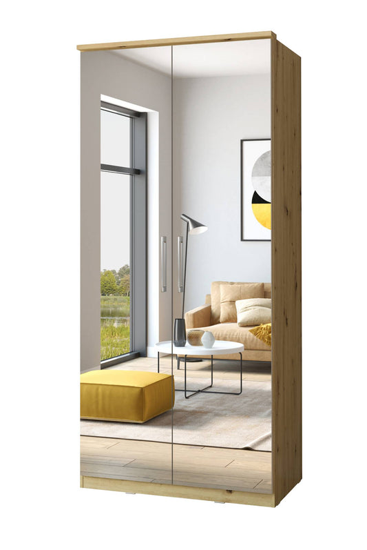 OPTIMA - Cabinet with 2 doors/mirror/light oak/white glossy 90x217x63 