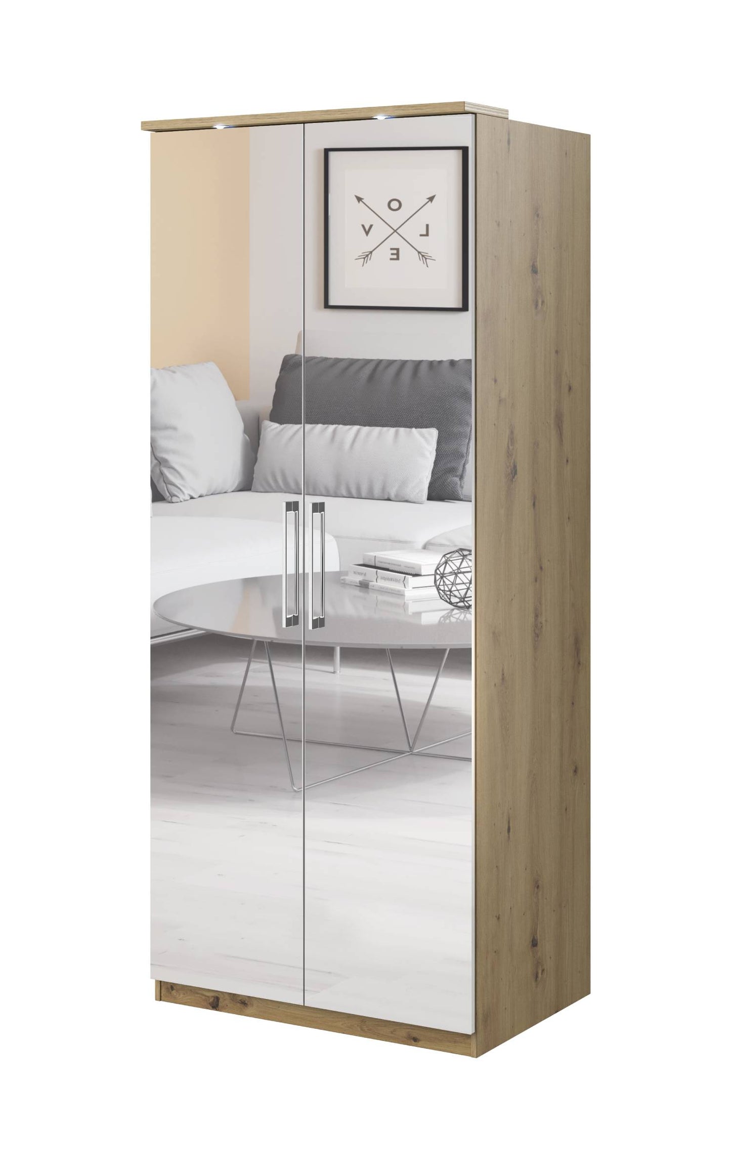 OPTIMA - Cabinet with 2 doors/mirror/light oak/white glossy 90x217x63 