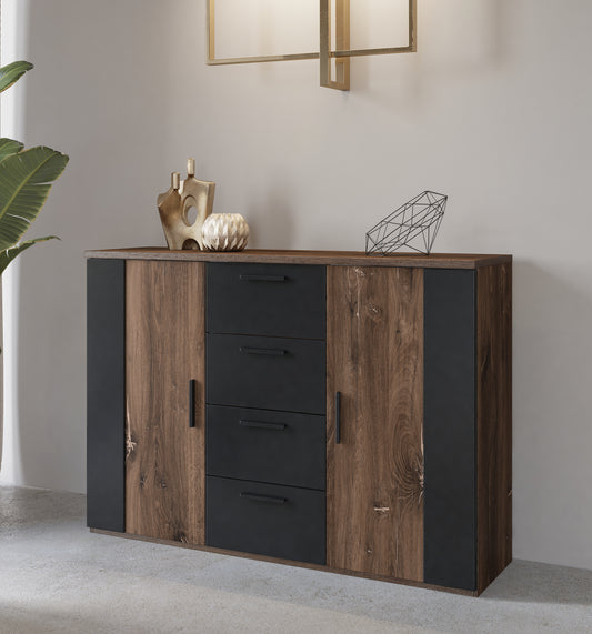 SIGMA - Dresser with 4 drawers and 2 doors / Flagstaff oak with copper thread - Black supermat 