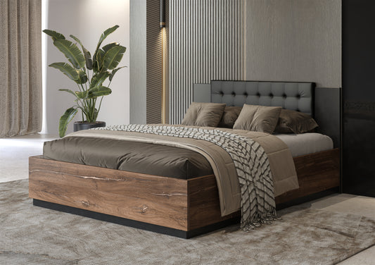 SIGMA - Bed 140/200 with headrest / Flagstaff oak with copper thread - Black super mat 