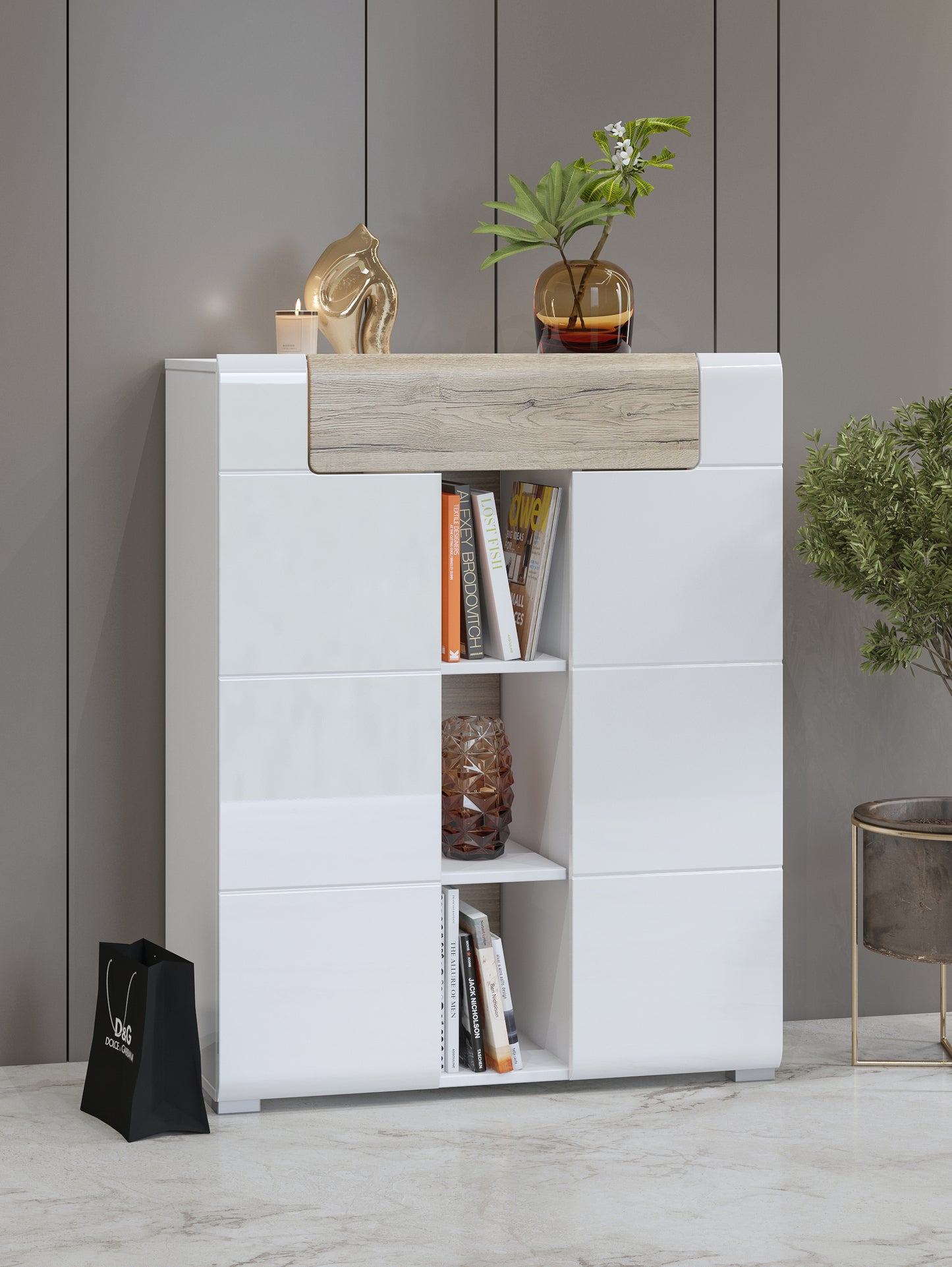 Chest of drawers TOLEDO, 2 Doors and 1 Drawer, White Glossy-San Remo Oak (MDF) 