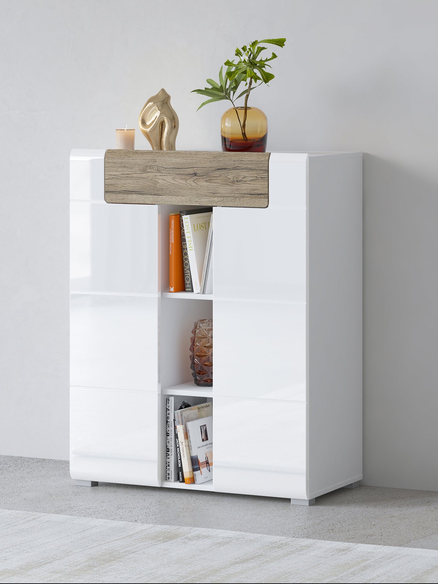 Chest of drawers TOLEDO, 2 Doors and 1 Drawer, White Glossy-San Remo Oak (MDF) 