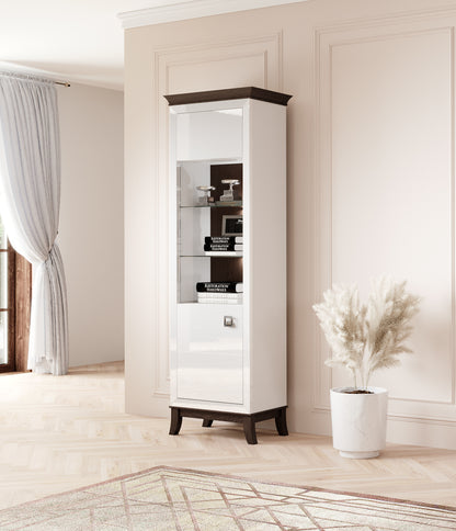 TISARO - Showcase with 1 door (1x glass) Left / Chocolate oak / white-white gloss finish