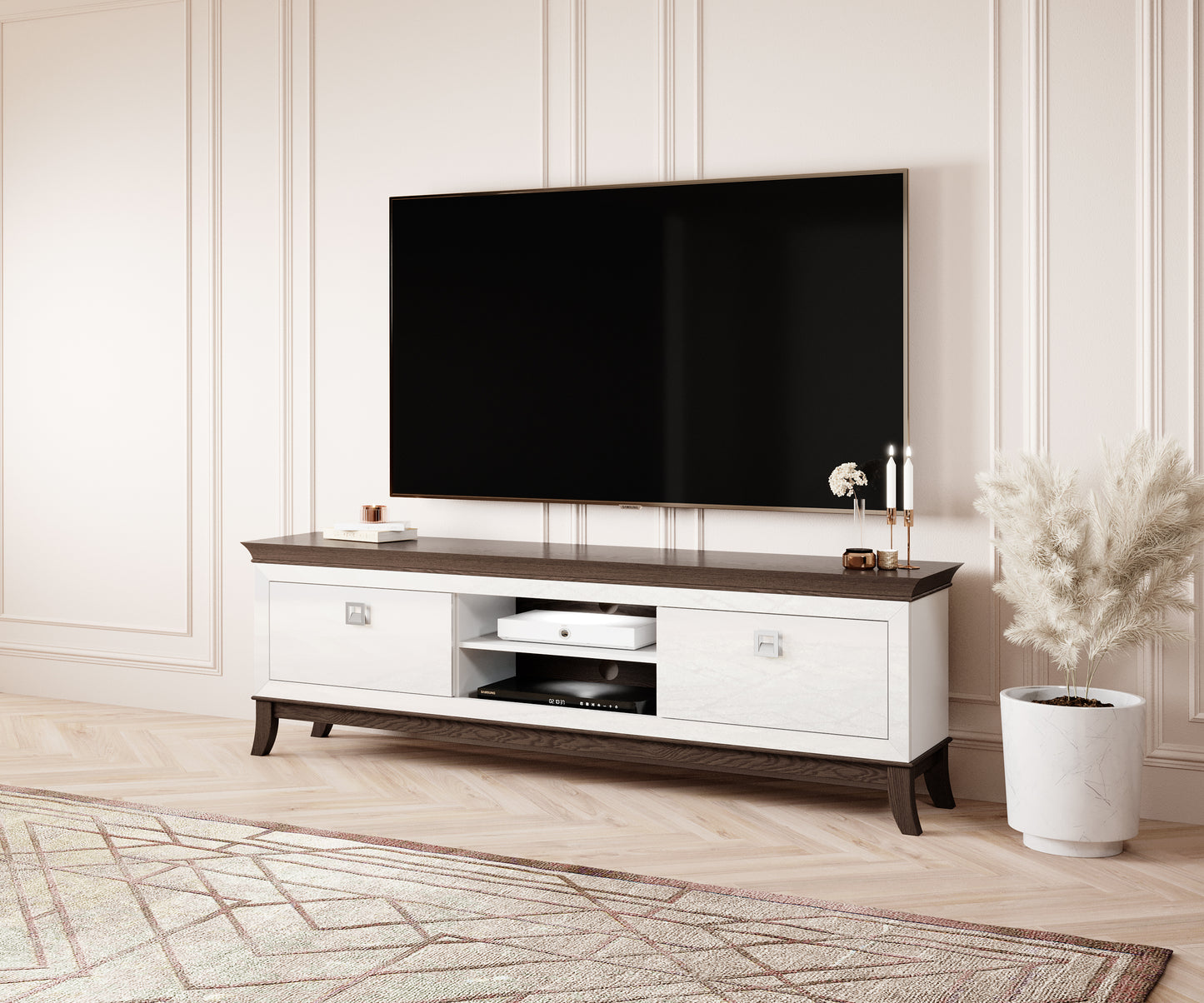 TISARO - TV table with 2 pull-out boxes / Chocolate oak / white-white gloss coating