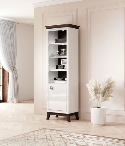 TISARO - Bookcase with 1 door Right / Chocolate oak / white-white gloss finish