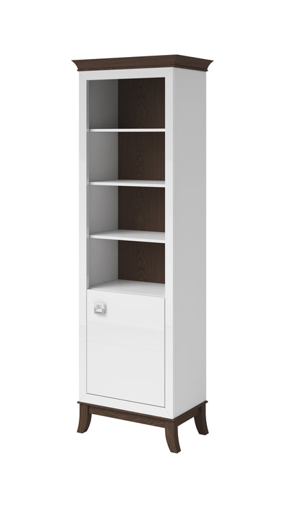 TISARO - Bookcase with 1 door Right / Chocolate oak / white-white gloss finish