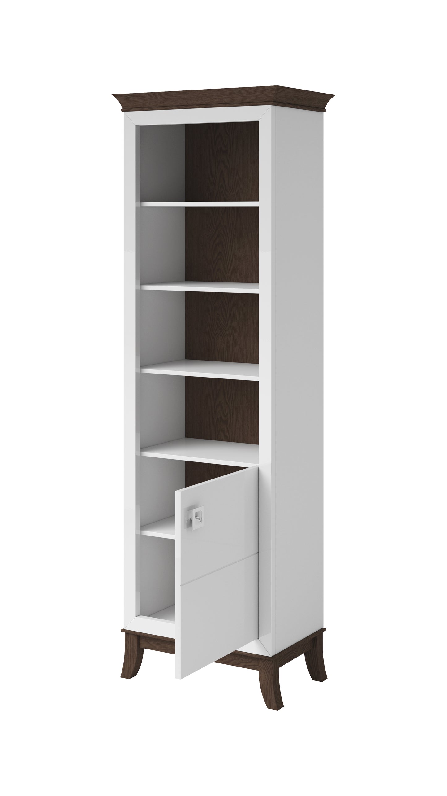 TISARO - Bookcase with 1 door Right / Chocolate oak / white-white gloss finish