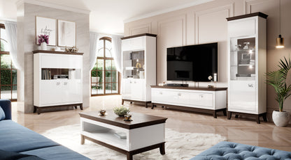 TISARO - Chest of drawers with 2 doors and 2 pull-out boxes / Chocolate oak / white-white gloss coating