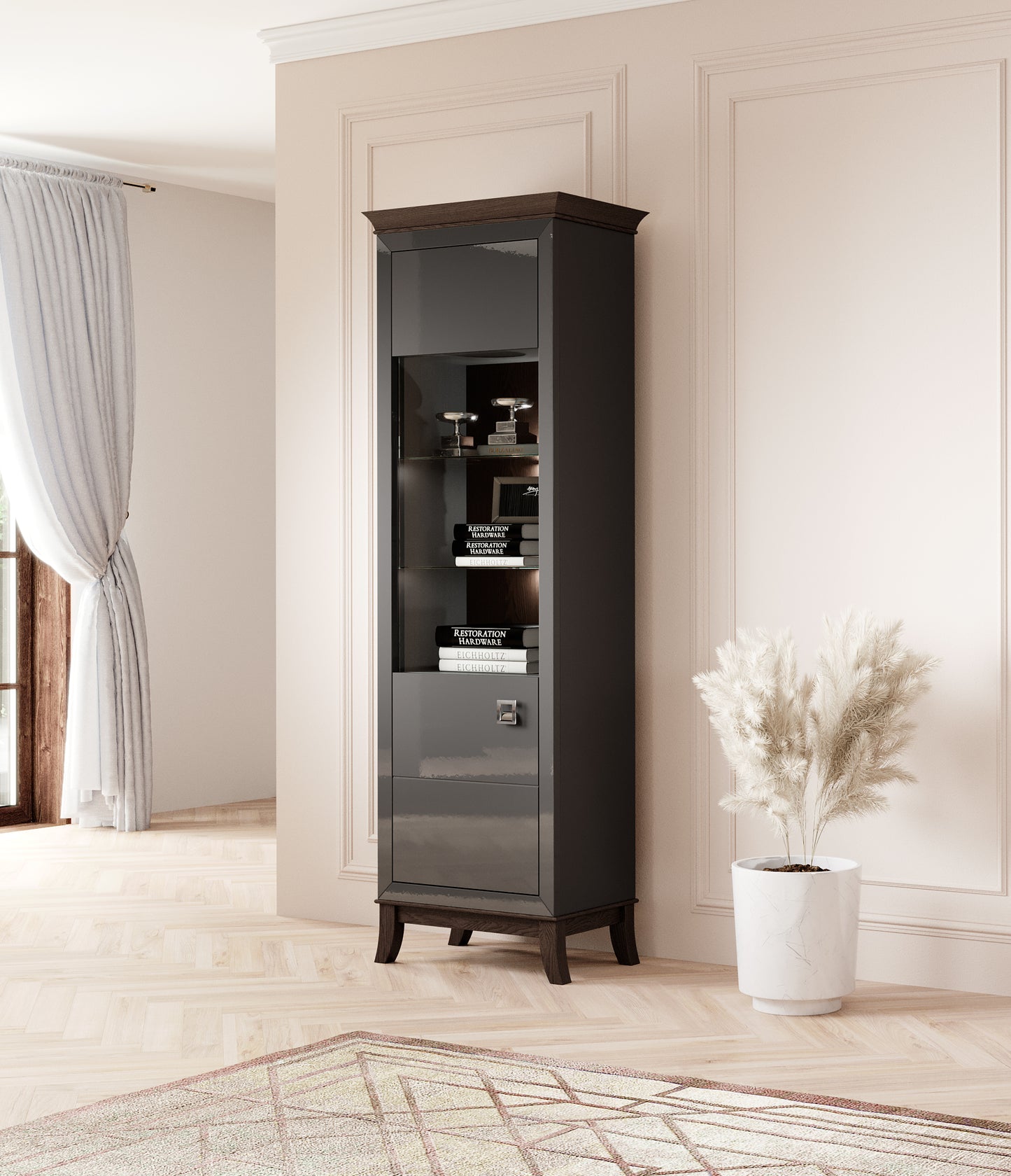 TISARO - Display cabinet with 1 door (1x glass) Left / Chocolate oak / Anthracite gloss