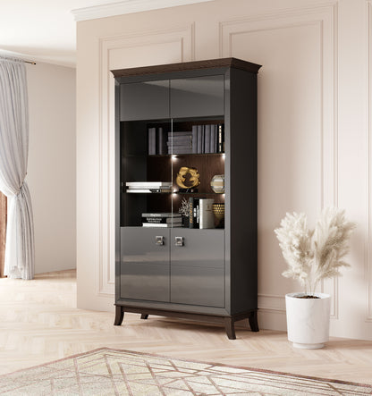 TISARO - Display cabinet with 2 doors (2x glass) / Chocolate oak / Anthracite gloss