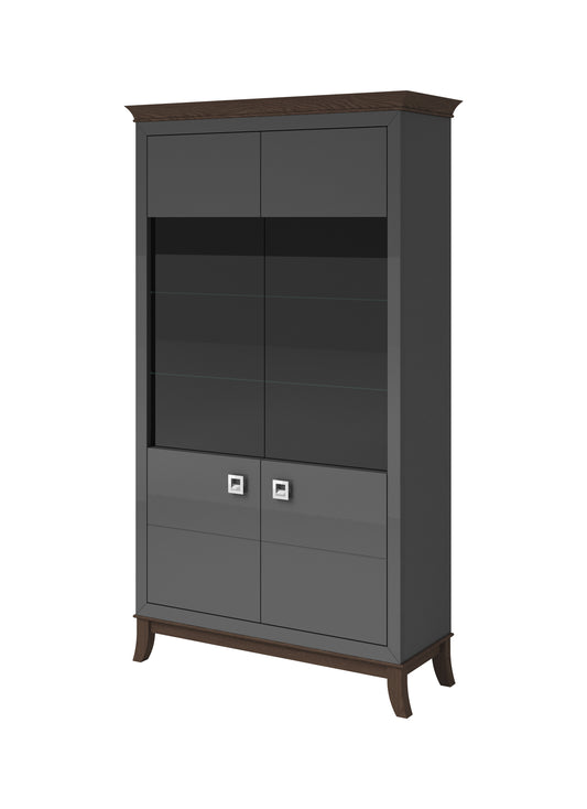 TISARO - Display cabinet with 2 doors (2x glass) / Chocolate oak / Anthracite gloss