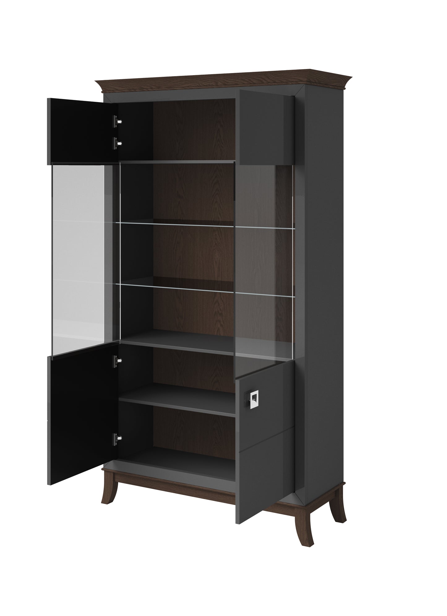 TISARO - Display cabinet with 2 doors (2x glass) / Chocolate oak / Anthracite gloss