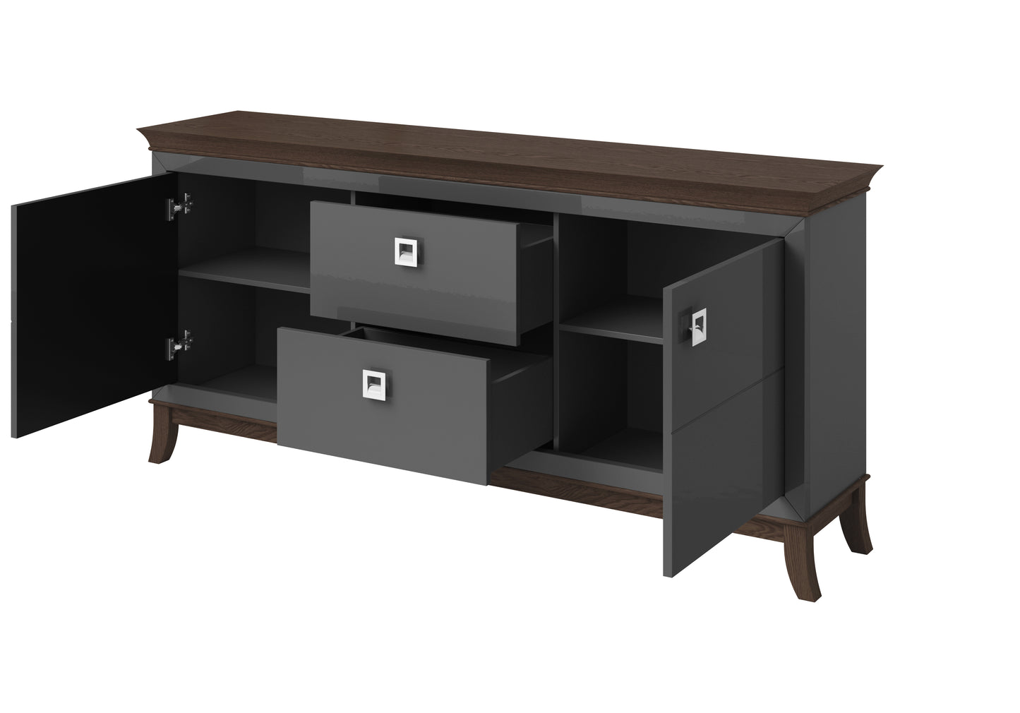 TISARO - Chest of drawers with 2 doors and 2 shelves / Chocolate oak / Anthracite gloss