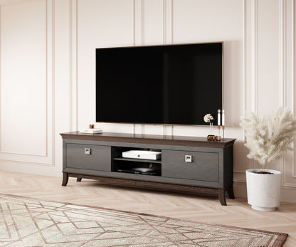 TISARO - TV table with 2 pull-out boxes / Chocolate oak / Anthracite gloss