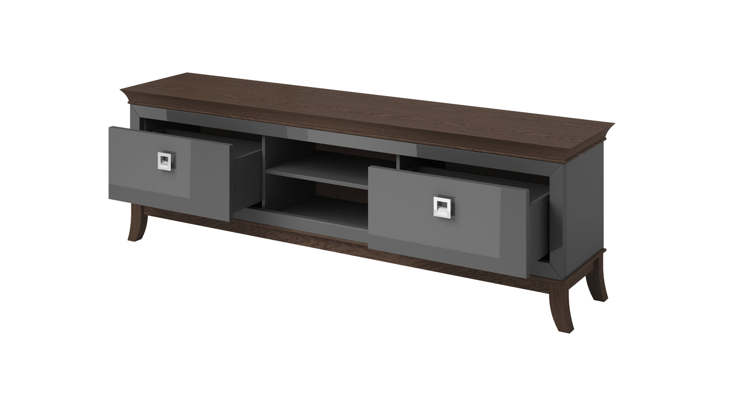 TISARO - TV table with 2 pull-out boxes / Chocolate oak / Anthracite gloss