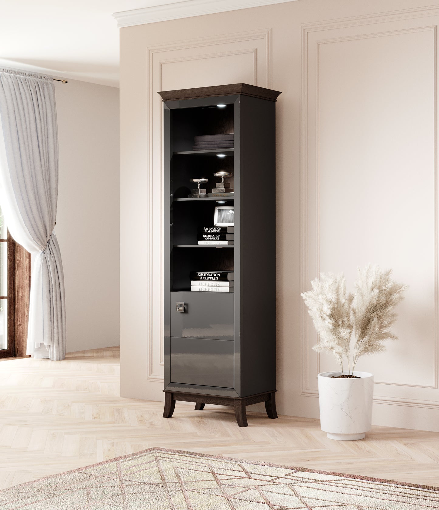 TISARO - Bookshelf with 1 door on the right / Chocolate oak / Anthracite gloss