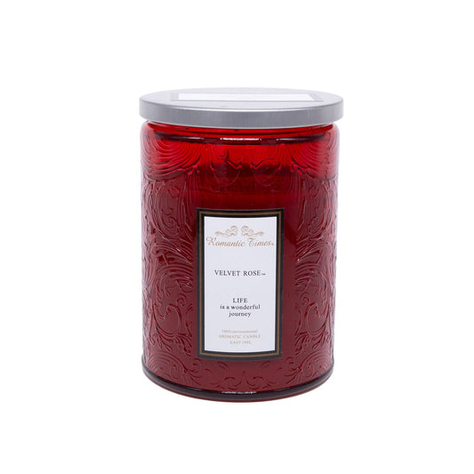 Candle in glass jar ROMANTIC TIMES, D8xH11cm, with lid, red (scent - VELVET ROSE)