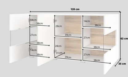 AVA - Kumode 3 durvis (2x Stikls) / Balts Votan ozols un balts - Easy Home