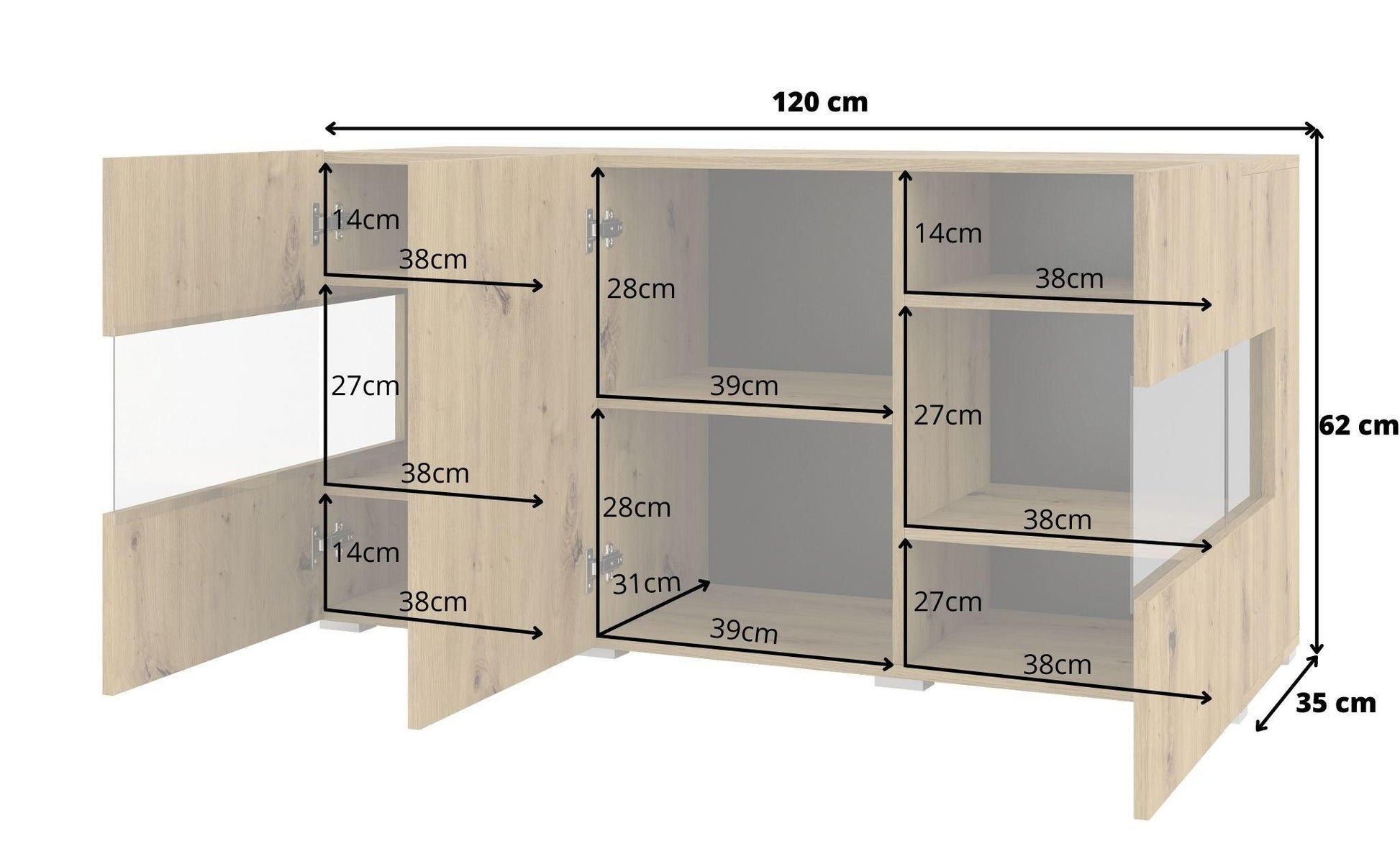 AVA - Kumode ar 3 durvīm (2x stikls) / Amatnieka ozols - Easy Home