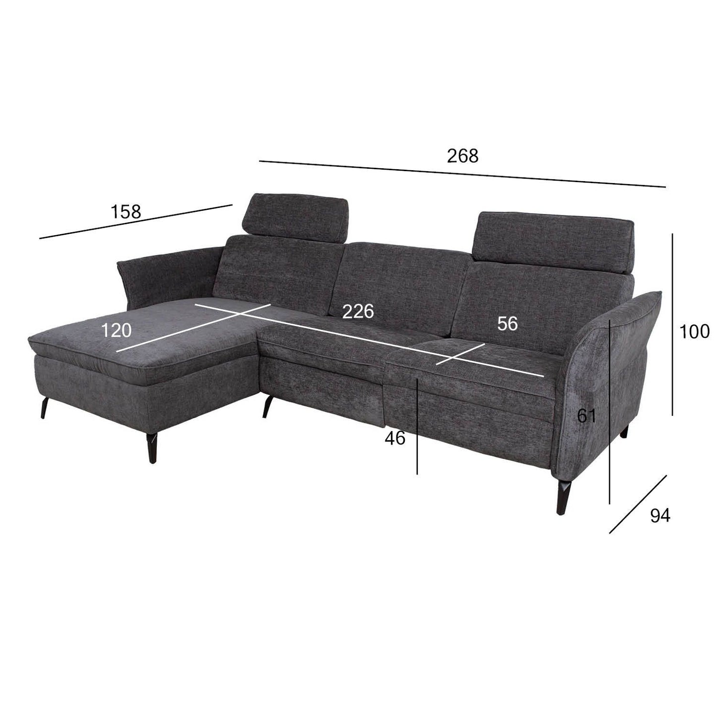 Corner sofa DAYTON KS, electric chair, dark gray