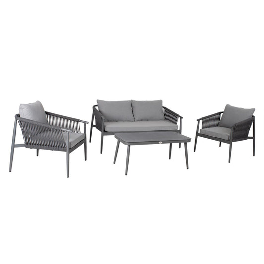 Garden furniture set WEILBURG table, sofa and 2 chairs, gray aluminum frame with woven rope, gray cushions 