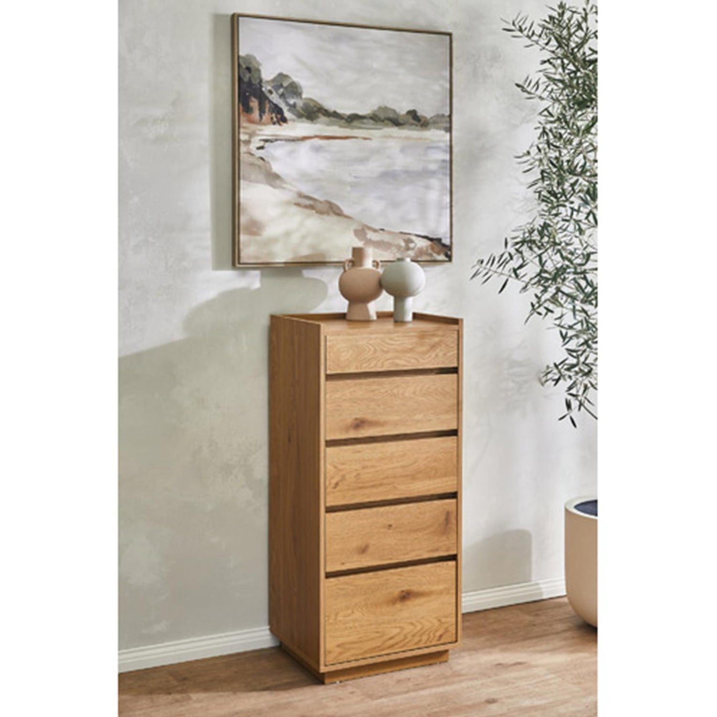 Chest of drawers SACHA 50x40xH109cm, melamine with oak decor