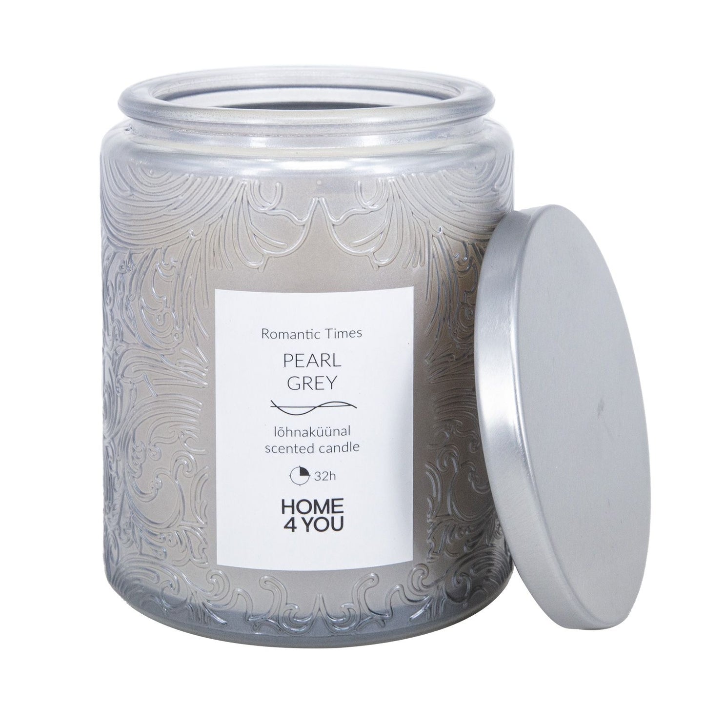 Candle in a glass jar ROMANTIC TIMES H9cm, pearl gray