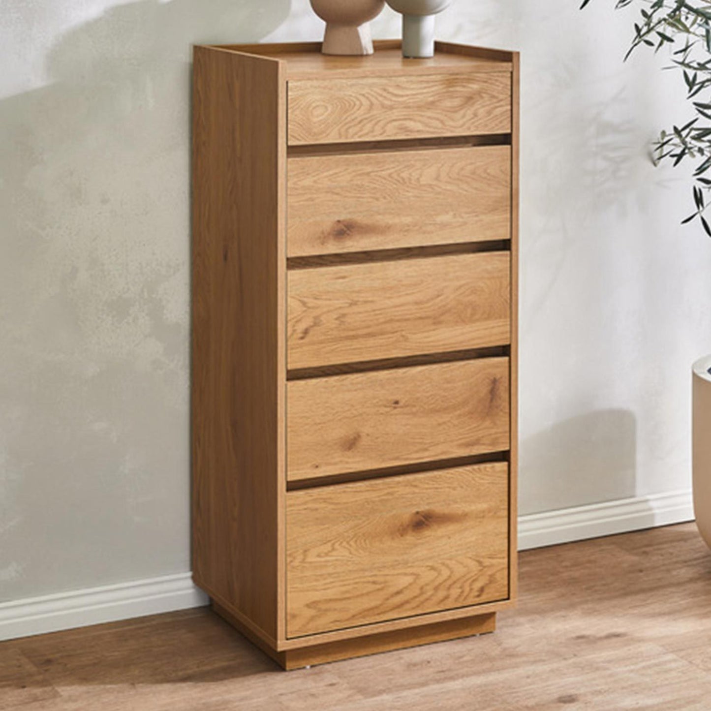 Chest of drawers SACHA 50x40xH109cm, melamine with oak decor