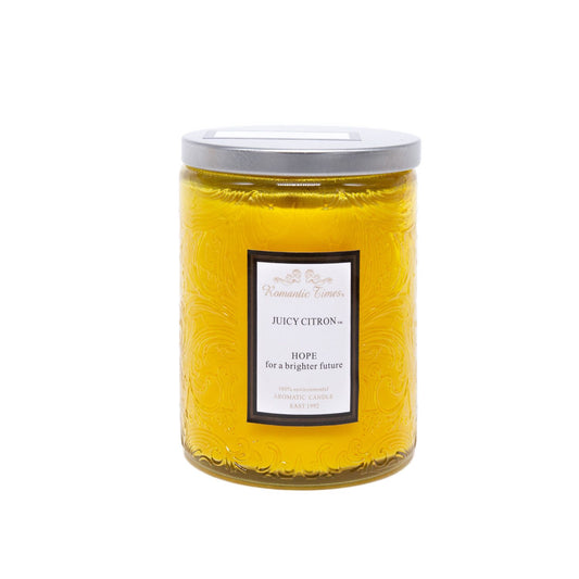 Glass jar candle ROMANTIC TIMES, D7xH9cm, with a lid, yellow, (scent - lemon scent)