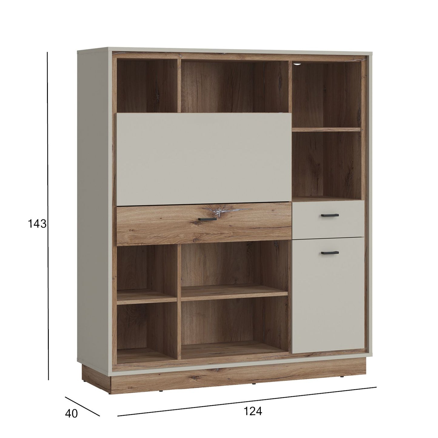 Bookcase RIVERO 124x40xH143cm, oak/grey