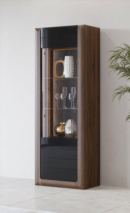 KASAI - Displeja skapis ar 1 durvīm (1x stikls) - Walnut Columbia / Black Gloss - Easy Home