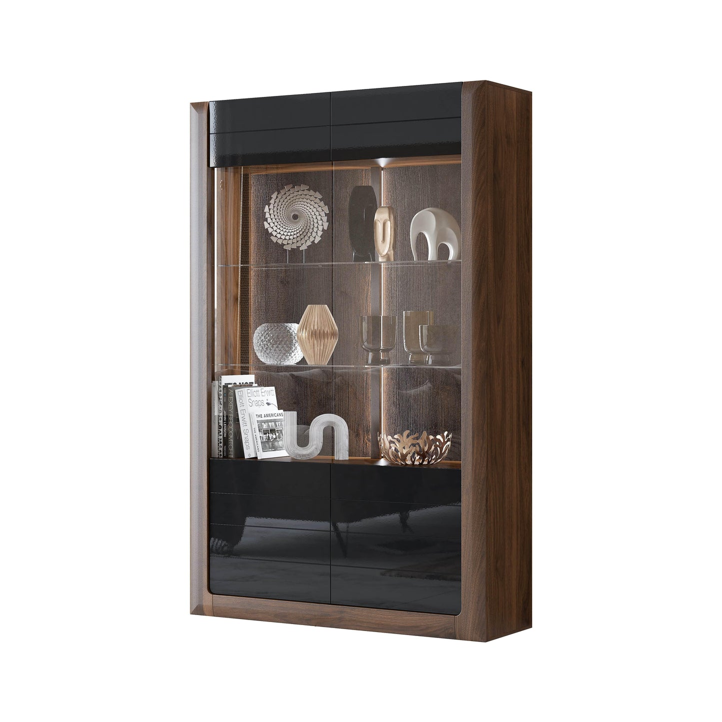 KASAI - Displeja skapis ar 2 durvīm (2x stikls) - Walnut Columbia / Black Gloss - Easy Home