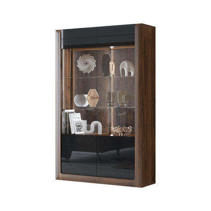 KASAI - Displeja skapis ar 2 durvīm (2x stikls) - Walnut Columbia / Black Gloss - Easy Home