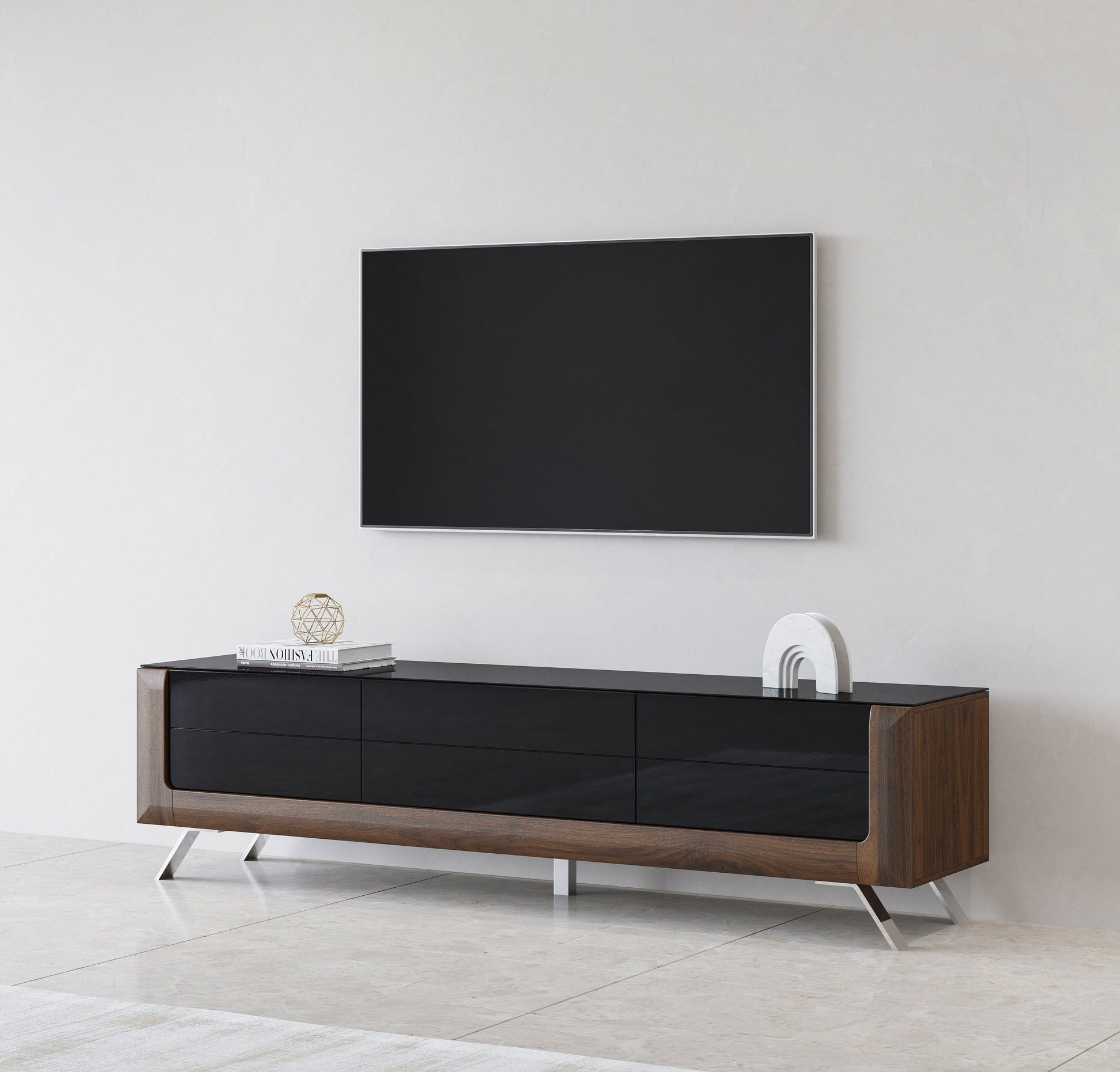 KASAI - TV skapis ar 2 durvīm un 1 paliktņu - Walnut Columbia / Black Gloss - Easy Home