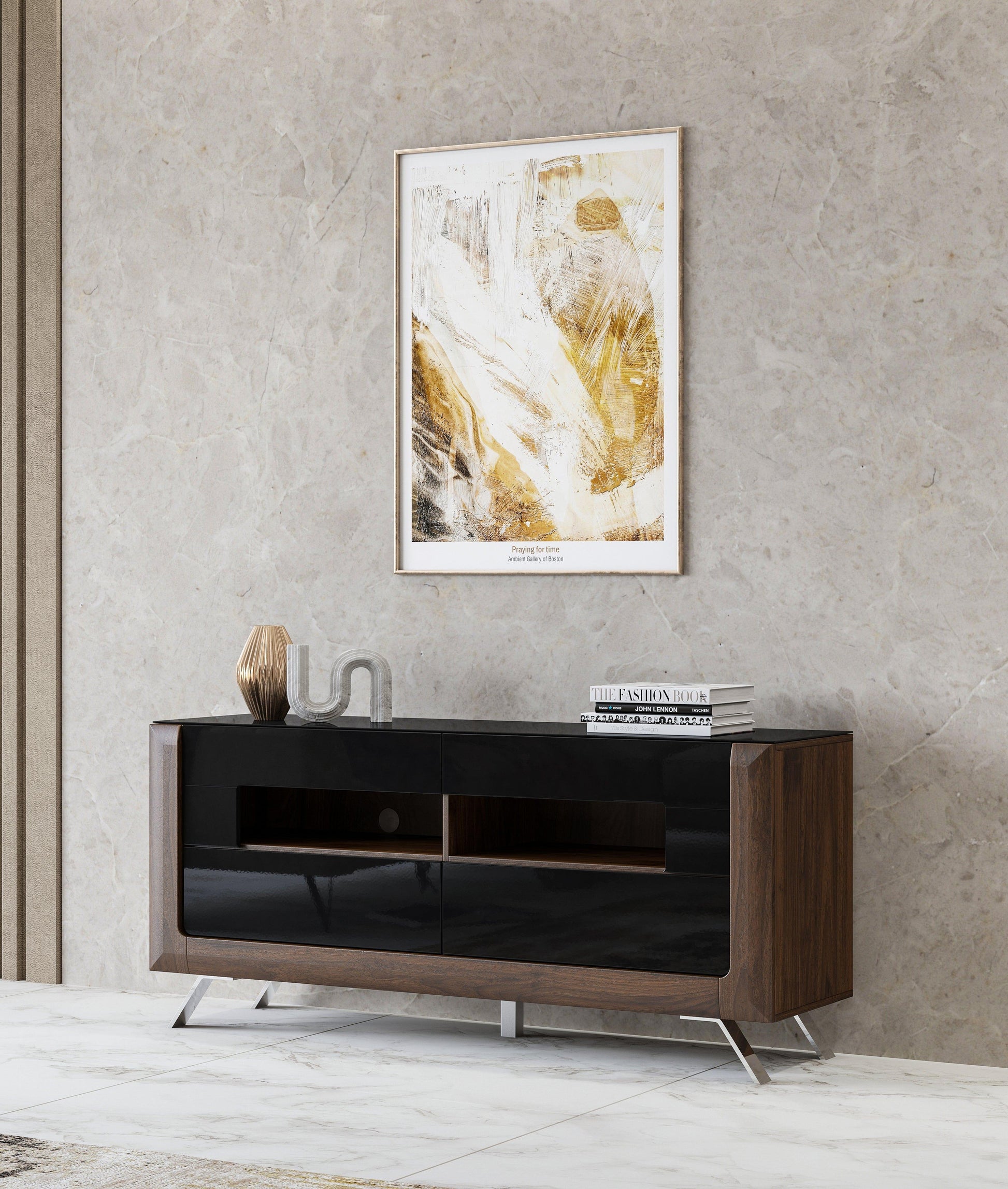 KASAI - TV skapis ar 2 izvelkamajiem atvilknēm - Walnut Columbia / Black Gloss - Easy Home