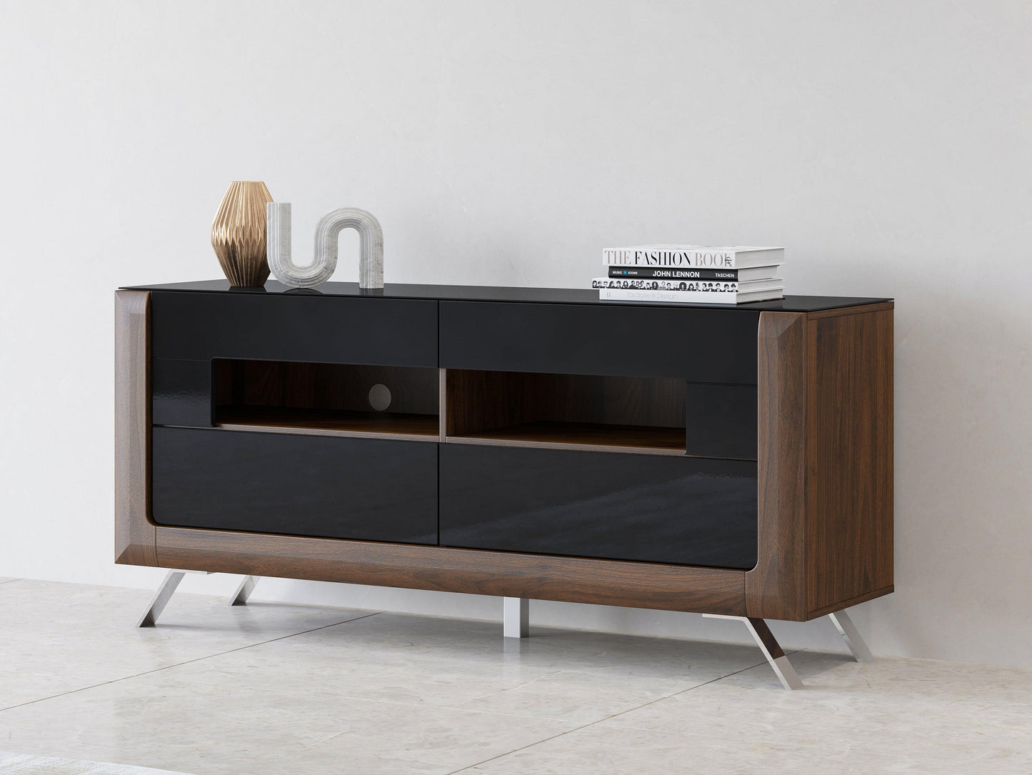 KASAI - TV skapis ar 2 izvelkamajiem atvilknēm - Walnut Columbia / Black Gloss - Easy Home