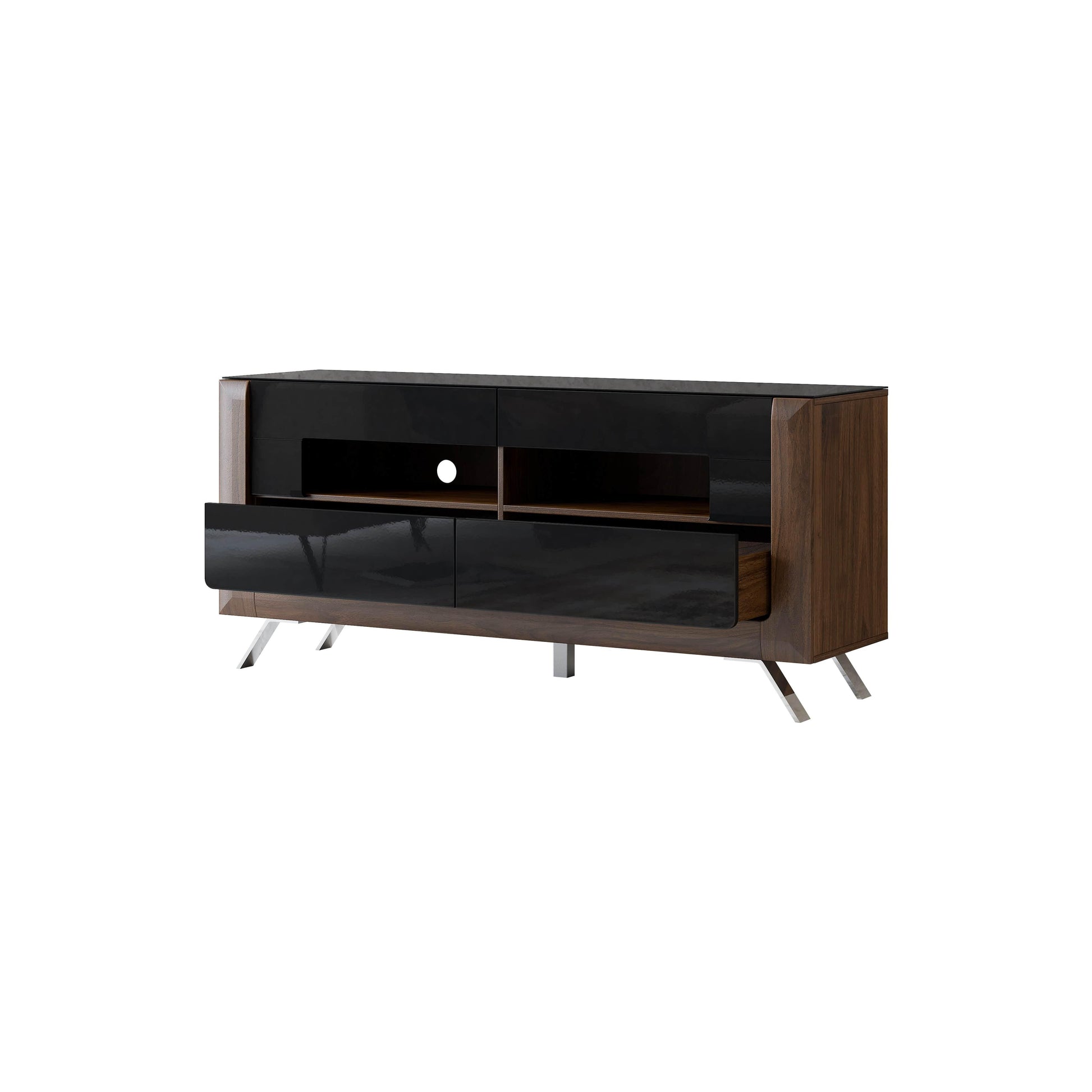 KASAI - TV skapis ar 2 izvelkamajiem atvilknēm - Walnut Columbia / Black Gloss - Easy Home