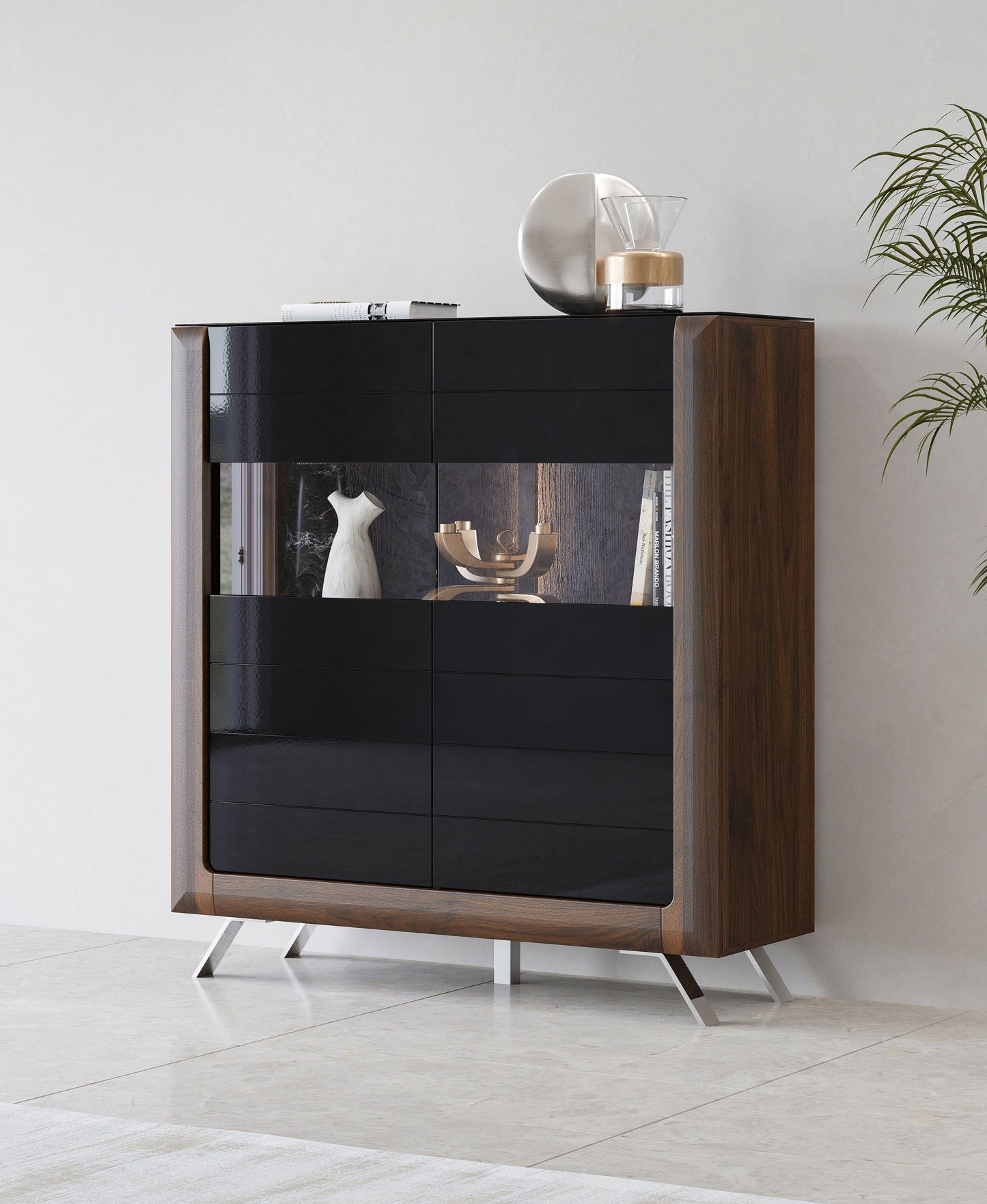 KASAI - Viesistabas skapis ar 2 durvīm un 2 stikliem - Walnut Columbia / Black Gloss - Easy Home