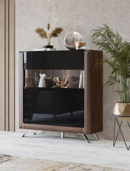 KASAI - Viesistabas skapis ar 2 durvīm un 2 stikliem - Walnut Columbia / Black Gloss - Easy Home