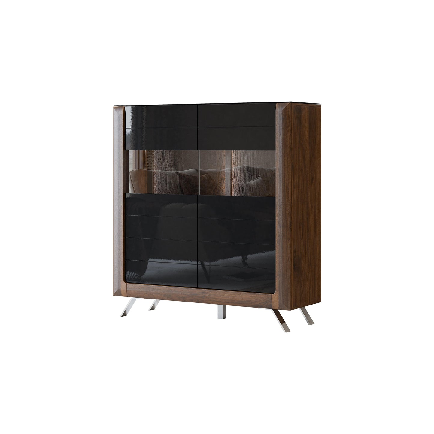 KASAI - Viesistabas skapis ar 2 durvīm un 2 stikliem - Walnut Columbia / Black Gloss - Easy Home