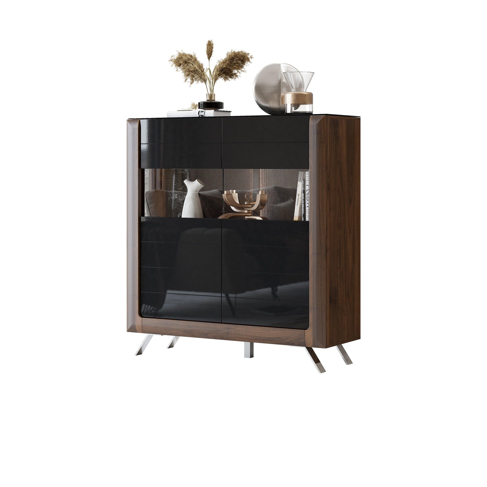 KASAI - Viesistabas skapis ar 2 durvīm un 2 stikliem - Walnut Columbia / Black Gloss - Easy Home