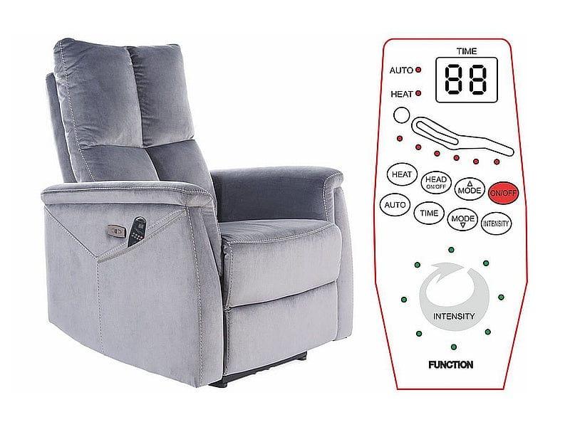 Atpūtas krēsls NEPTUN M RECLINER (MASĀŽAS FUNKCIJA) VELVETS PELĒKS BLUVEL 14 - Easy Home